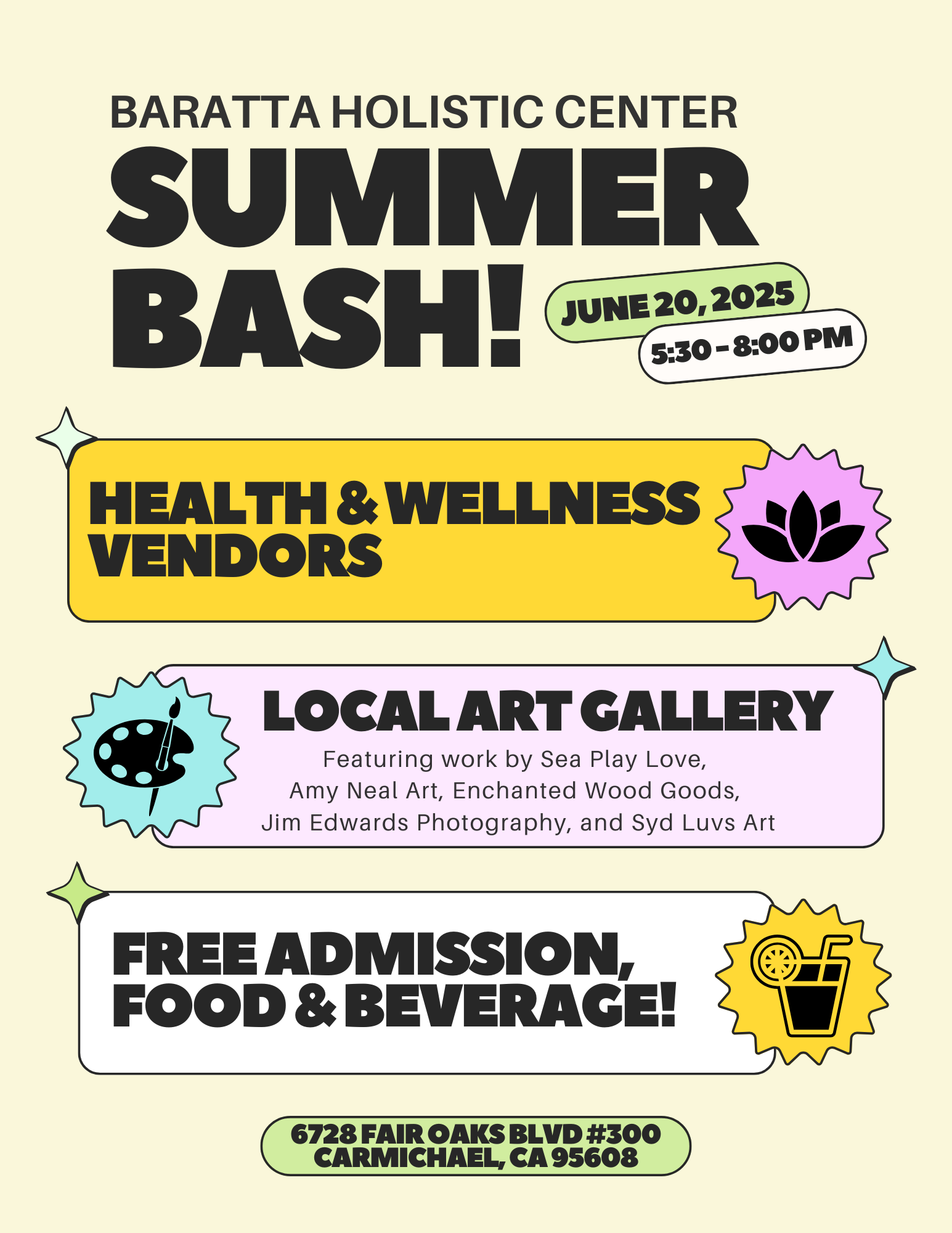 Chiropractic Carmichael CA Summer Bash Event Flyer for summer bash event occurring at the clinic on 6/20/25 from 5:30-8:00pm with health and wellness vendors, local art, food, drink, and free admission