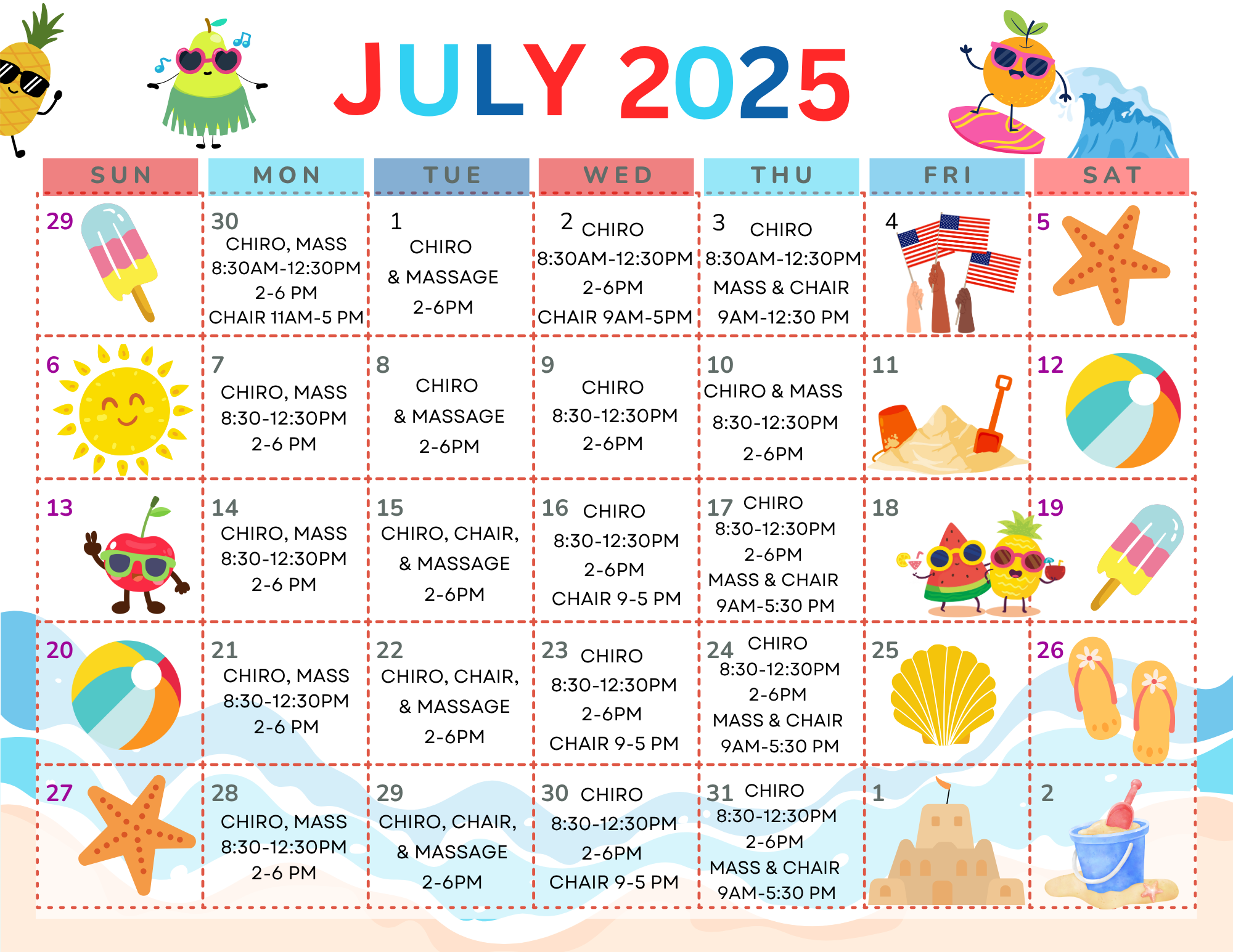 The Baratta Holistic Center July 2025 calendar, decorated with a beach motif or sun, seashells, and beach balls