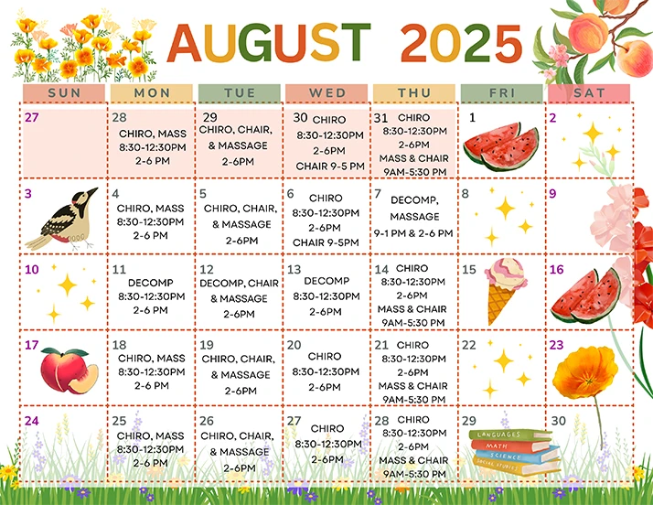 Chiropractic Carmichael CA August 2025 Calendar The Baratta Holistic Center August 2025 calendar, decorated with peaches, flowers, and fresh fruit